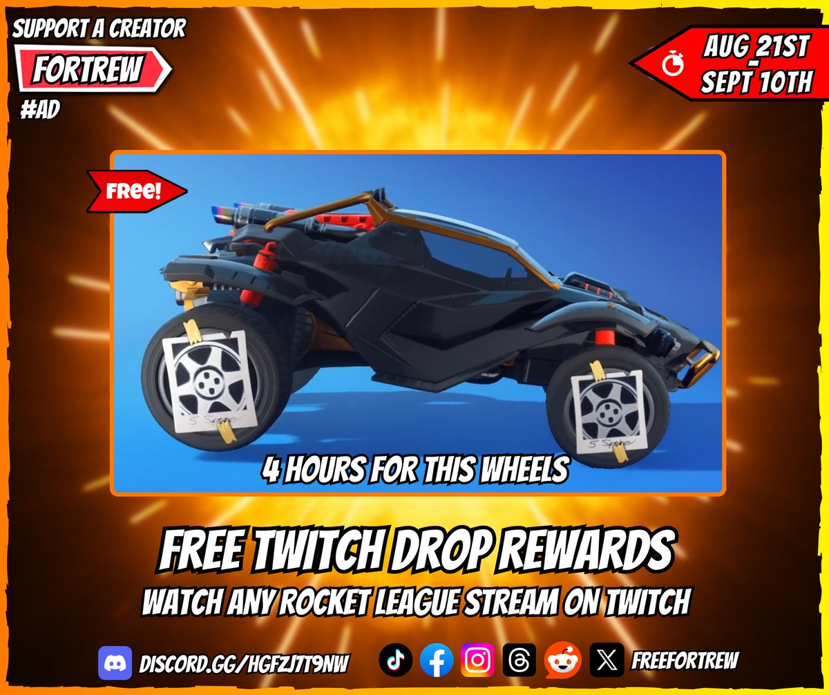 freefortrew's tweet photo. Free Twitch Drop Wheels

Watch any Rocket League stream on Twitch.

📅 From Aug 21st until Sept 10th.

🏆 Rewards:
• "Rival" Wheels (30 min)
• "Aero Mage" Wheels (1 hr)
• "Patriarch Pro" Wheels (2 hrs)
• "Big Splash" Goal Explosion (3 hrs)
• "Picture This" Wheels (4 hrs)❗️ https://t.co/kfqL8pWNhH