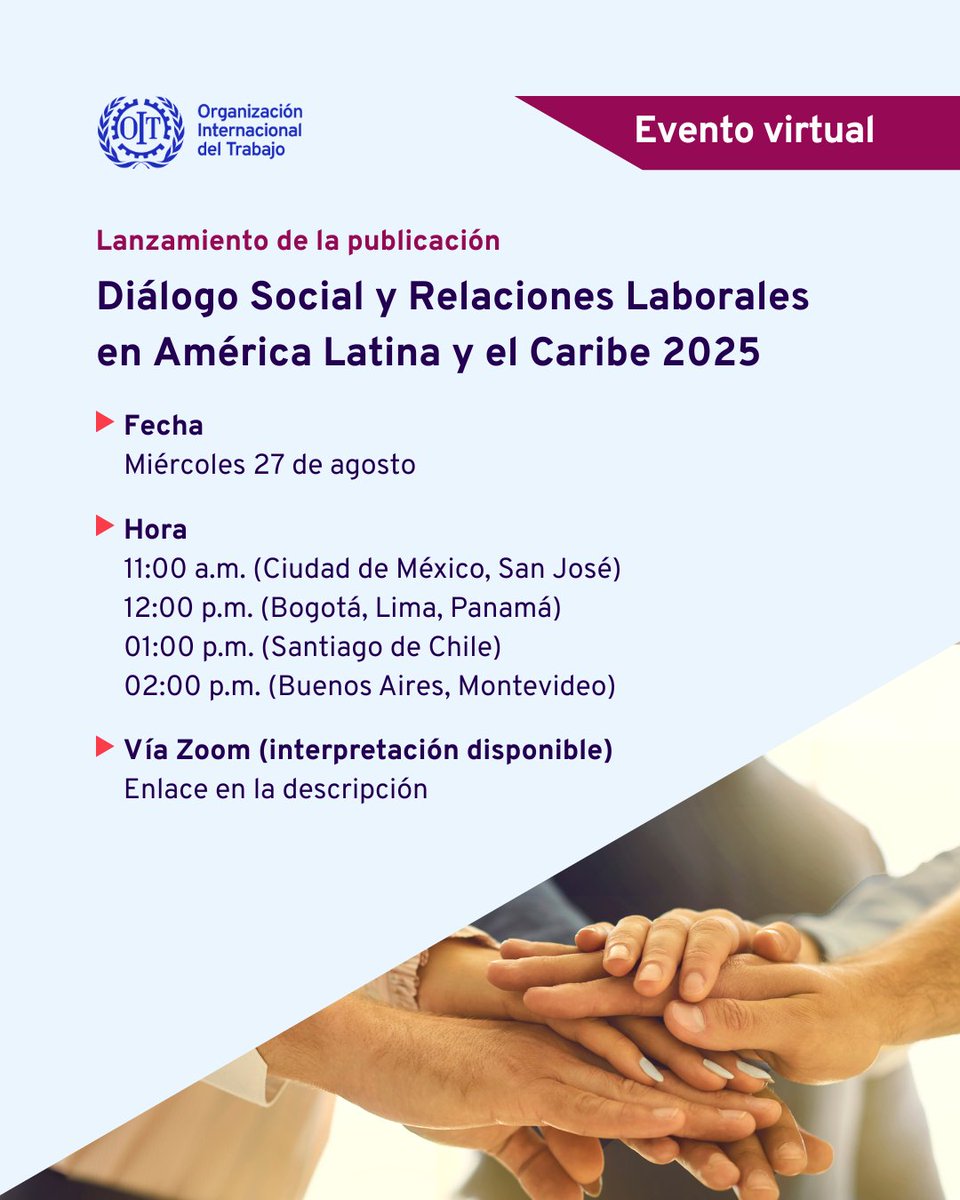 📢 ¿Qué desafíos enfrenta el #DiálogoSocial en América Latina y el Caribe?

La OIT lanza su nuevo informe regional con análisis, datos y propuestas.
📅 27 ago | 🕛 12:00 (Lima)
🎧 Con interpretación al inglés

Más información y registro🔗 ilo.org/es/meetings-an…
