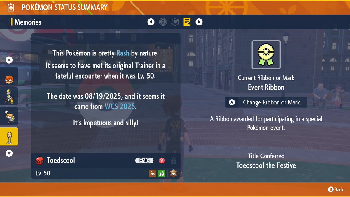 AjentVee's tweet image. Full details on the event Toedscool from the WCS 2025: 

🎀 Cherish Ball, with the Event Ribbon
🎉 Knows the move Celebrate!
😎 wearing the BLACKGLASSES (iconic)

This is probably my favorite distribution in Pokémon, it’s just so fun!! I love Toedscool 😭 #PokemonWorlds