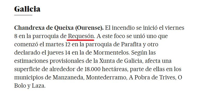 Hola <a href="/el_pais/">EL PAÍS</a> 

En este artículo hay un error. No hay ninguna parroquia en Chandrexa de Queixa (Ourense) que se llame "requesón".

Supongo que se refiere a la parroquia de "Requeixo", pero traducirlo por "requesón" es incorrecto.