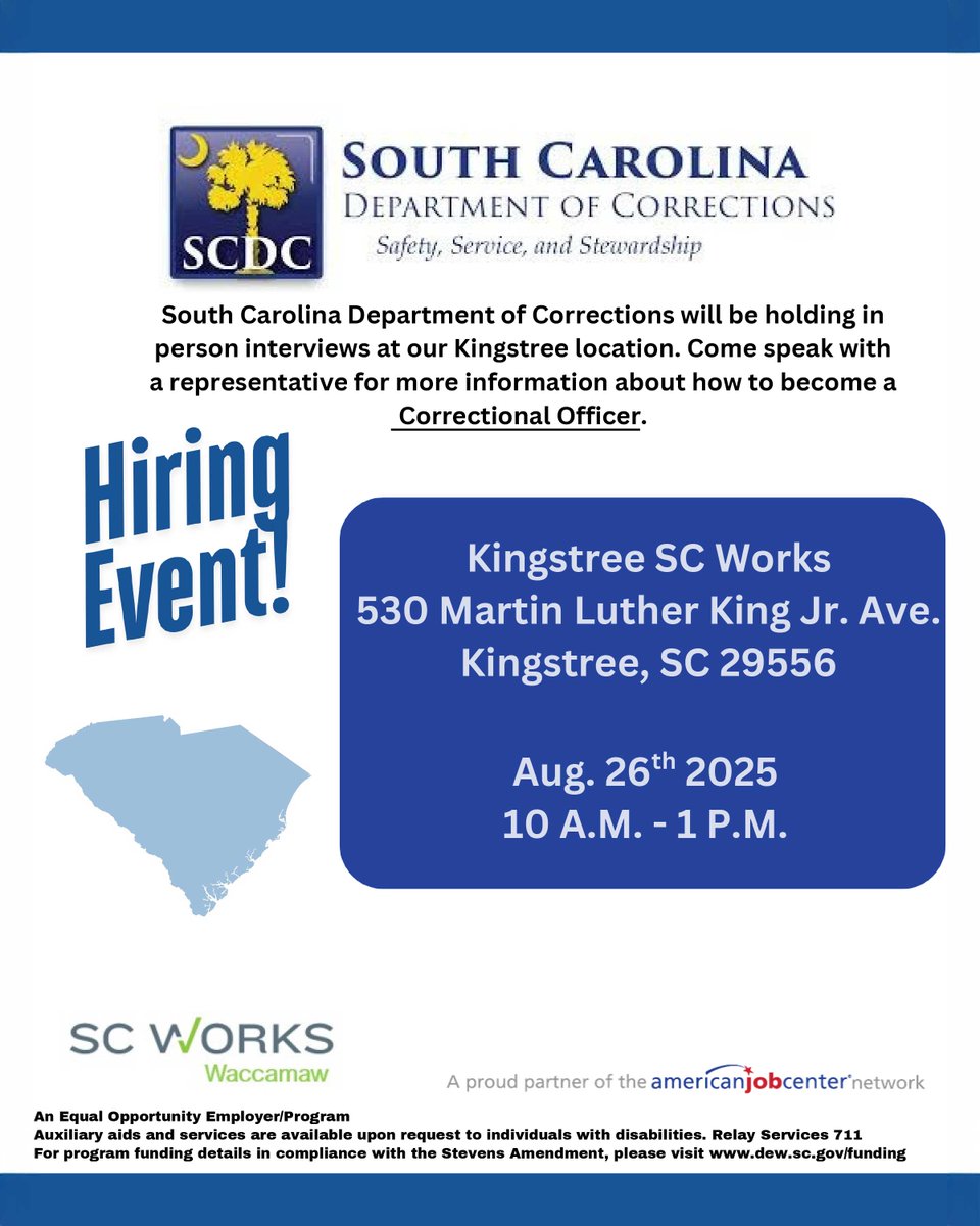 SC Works Waccamaw (@scworkswioa) on Twitter photo Make a difference with the SC Department of Corrections! Walk into SC Works Kingstree Aug 26th, 10AM–1PM for on-site interviews. #CorrectionsJobs #SCJobs #HiringEvent #scworkswaccamaw #scworkswrcog #scworkswioa #scworks Make a difference with the SC Department of Corrections! Walk into SC Works Kingstree Aug 26th, 10AM–1PM for on-site interviews. #CorrectionsJobs #SCJobs #HiringEvent #scworkswaccamaw #scworkswrcog #scworkswioa #scworks