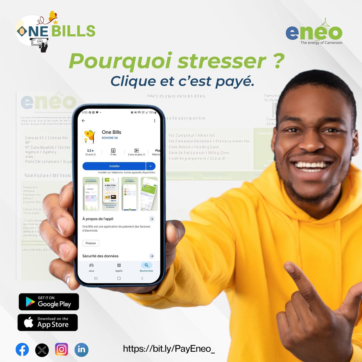 mydohone's tweet photo. Marre de courir pour payer tes factures Eneo?
Avec ONE BILLS, tout se fait en 1 clic : rapide, sécurisé et pratique !
Postpayée ou prépayé et paie tes factures à ta manière (OM, MoMo, VISA, etc.).

#dohone #onebills #ENEO #mobilemoney #PaiementMobile #apk #innovation #MobileApps https://t.co/Ot5qQk0G07