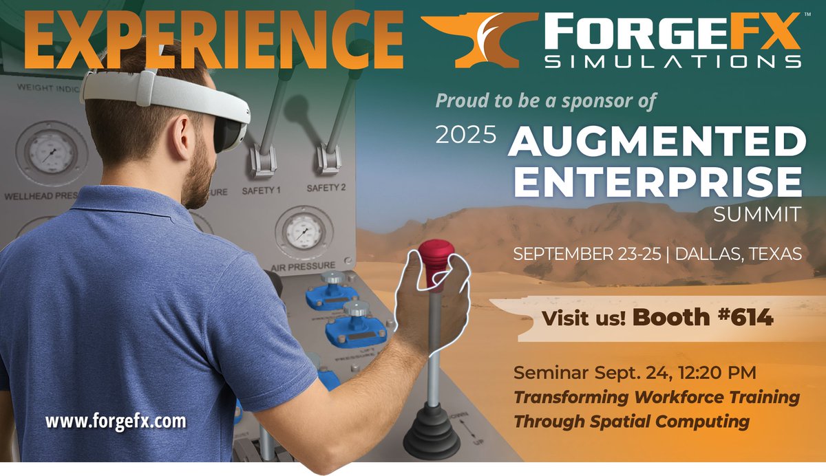 ForgeFX Simulations (@forgefx) on Twitter photo <a href="/ForgeFX/">ForgeFX Simulations</a> is sponsoring & exhibiting at the 2025 Augmented Enterprise Summit in Dallas (Sept 23–25), hosted by <a href="/BrainXchange/">BrainXchange</a>
- Booth: 614
- Sept 24: “Transforming Workforce Training Through Spatial Computing”
augmentedenterprisesummit.com/sponsors-exhib…
#AES2025 #ForgeFX #XR #VR #AR #AI #ML #MR <a href="/ForgeFX/">ForgeFX Simulations</a> is sponsoring & exhibiting at the 2025 Augmented Enterprise Summit in Dallas (Sept 23–25), hosted by <a href="/BrainXchange/">BrainXchange</a>
- Booth: 614
- Sept 24: “Transforming Workforce Training Through Spatial Computing”
augmentedenterprisesummit.com/sponsors-exhib…
#AES2025 #ForgeFX #XR #VR #AR #AI #ML #MR