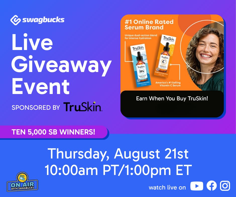 Tomorrow at 10am PT/1pm ET, Casey and Hal will be LIVE on teh official Swagbucks Facebook page, Instagram account, and YouTube channel with a special giveaway sponsored by Truskin!

10 viewers will win a giveaway and get 5,000 SB!

Set your reminders now...