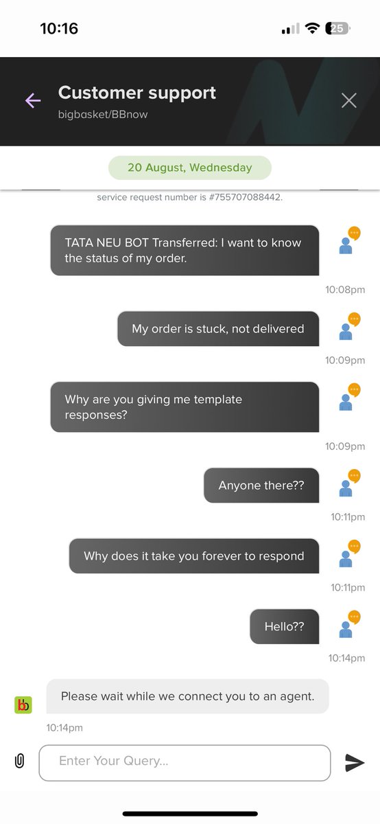 imamiit's tweet photo. @bigbasket_com @CEE_bigbasket What a joke- while ordering, the ETA was showing as 9 mins, but it has not arrived even after an hour. Not even out for delivery. When trying to connect with your customer service, they take 10 mins for one response. Order ID-TBN-1765308254-20250820 https://t.co/FCu4MpOtZs