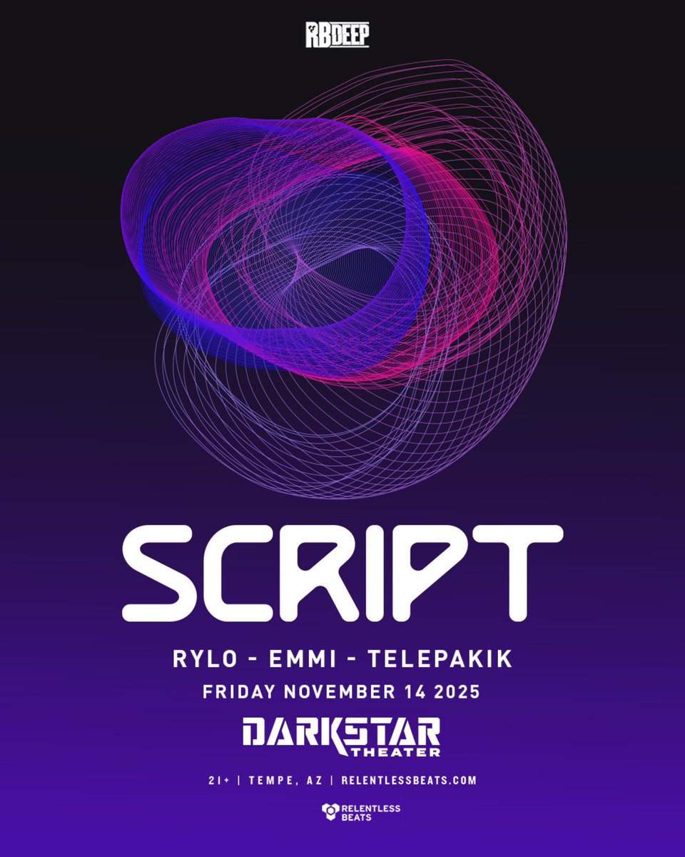 #JustAnnounced: SCRIPT is taking over Darkstar on November 14 🌀 With support from Rylo, Emmi, and Telepakik, expect a night of heavy hitters and underground energy.

Tickets on sale now → tixr.com/e/155151 🎟️

#Script #Darkstar #RelentlessBeats