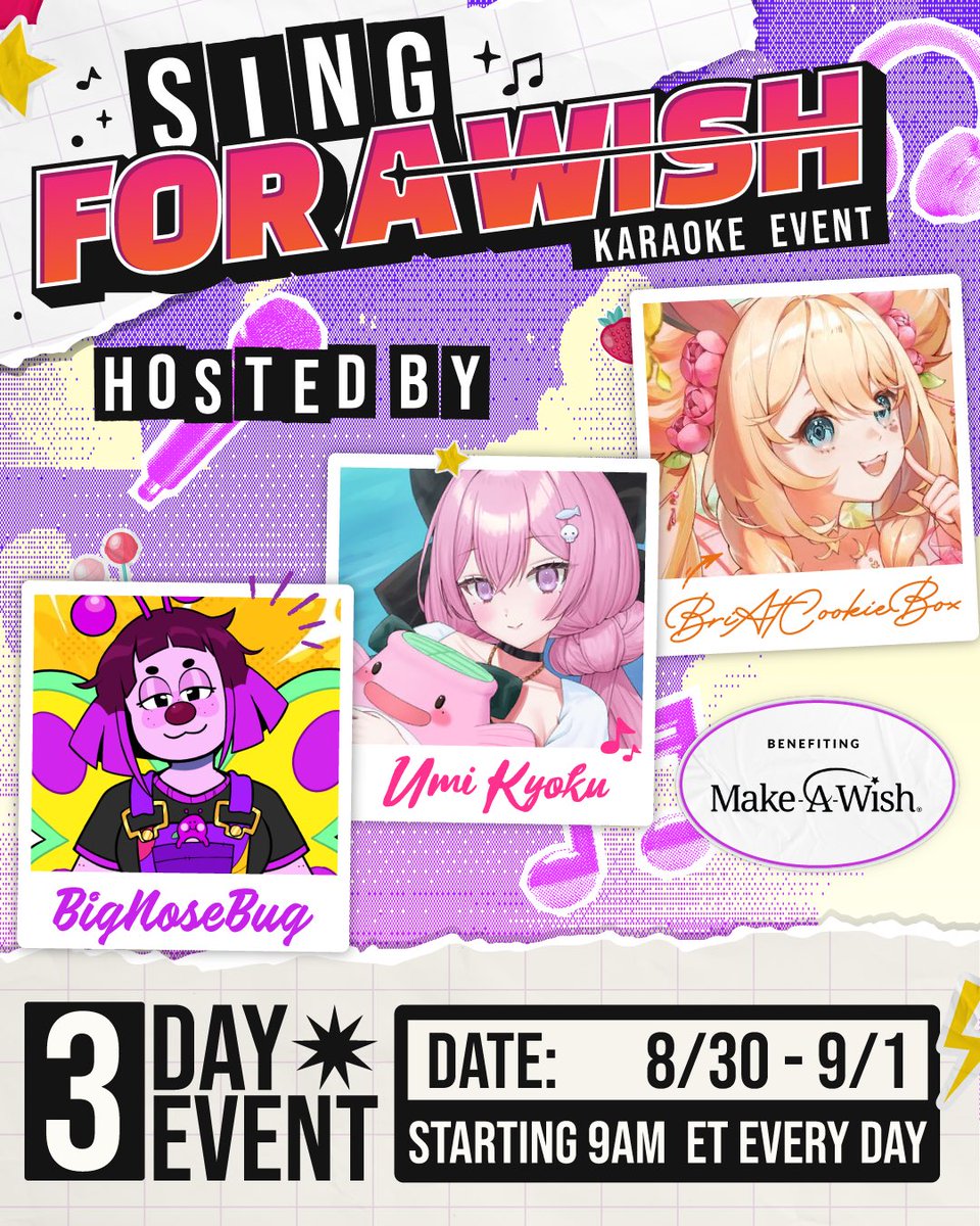 Bri 🍪 VTUBER AND LIVE2D RIGGER! (@briatcookiebox) on Twitter photo SING FOR A WISH
>> A CHARITY RELAY KARAOKE EVENT FOR <a href="/MakeAWish/">Make-A-Wish America</a>
We are looking for VTubers who want to participate in a karaoke relay to help raise funds for Make A Wish!
Anyone interested and available for a 1 hour karaoke stream on August 30th, 31st or September 1st- please SING FOR A WISH
>> A CHARITY RELAY KARAOKE EVENT FOR <a href="/MakeAWish/">Make-A-Wish America</a>
We are looking for VTubers who want to participate in a karaoke relay to help raise funds for Make A Wish!
Anyone interested and available for a 1 hour karaoke stream on August 30th, 31st or September 1st- please