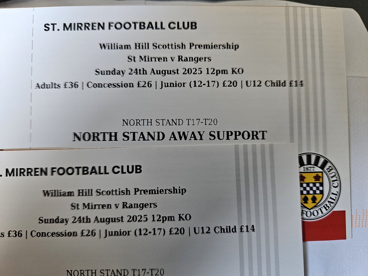 weewebbo's tweet photo. @Rangers_Spares_ 
@rangers_spare 
@RangersTickets8 @RFC_Michael_ 2 x tickets available for St Mirren this Sunday 24th August, seated together. Can no longer make it due to work commitments. Tickets in hand, can post with guaranteed delivery delivery Fri/Sat. https://t.co/4lmQDH4l64