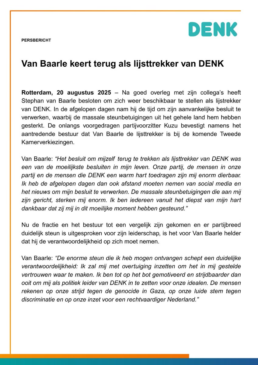 De crisis bij Denk is binnen een week bezworen. Van Baarle keert terug nadat hij de machtsstrijd van het oude bestuur heeft gewonnen en zijn mentor ⁦<a href="/tunahankuzu/">Tunahan Kuzu</a>⁩ het partijvoorzitterschap overneemt.