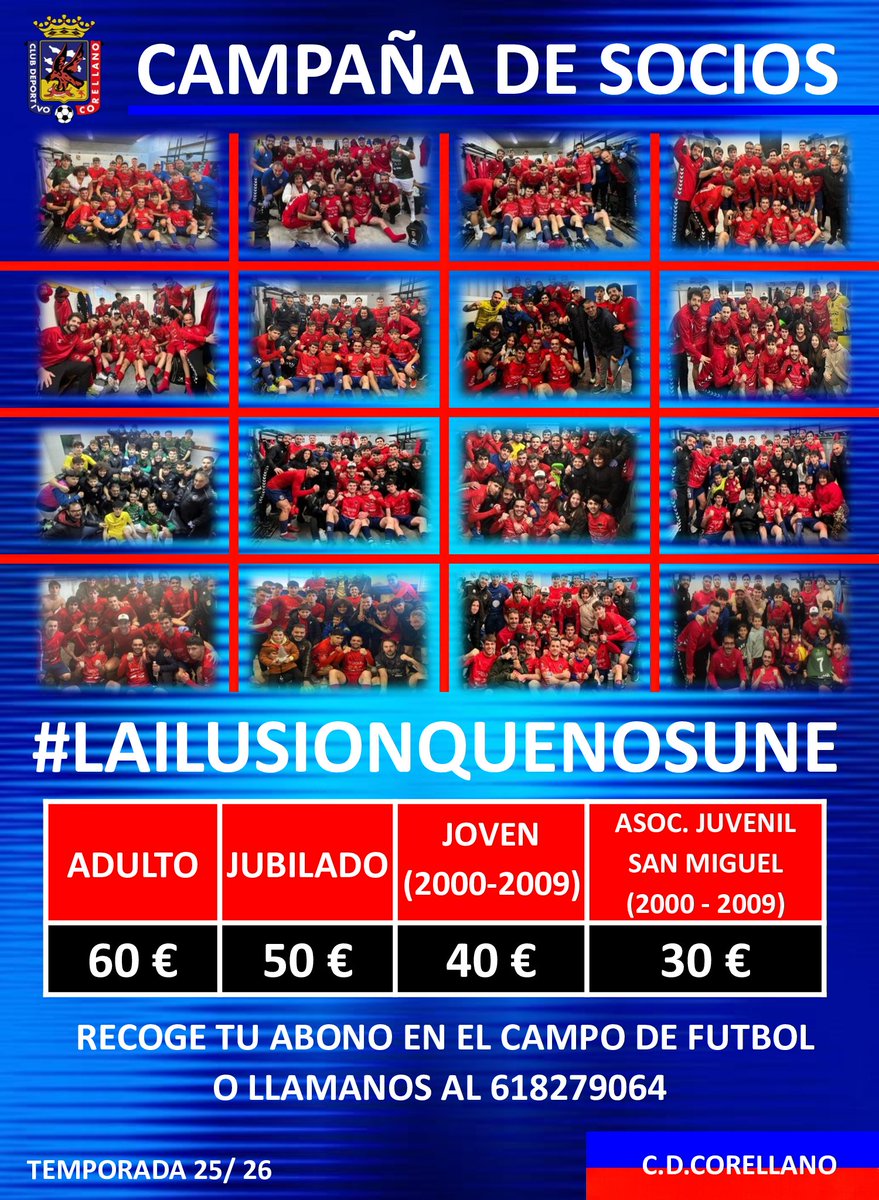 CD Corellano (@cd_corellano) on Twitter photo 🚨 Campaña de Socios 2️⃣5️⃣➖2️⃣6️⃣ del <a href="/CD_Corellano/">CD Corellano</a> 😍 🟥
🏟️ Presentación Campaña Socios ‼️
😍 La ilusión que nos une ❤️
💙❤️ <a href="/CD_Corellano/">CD Corellano</a> 💙❤️
🎌 #LaIlusionQueNosUne 🔴
🤞 #RespectFirst 🤗
#Preferente ♥️ #Cantera ⚽
🫂 #HazteSocio 👌 #CDC ♥️ 🚨 Campaña de Socios 2️⃣5️⃣➖2️⃣6️⃣ del <a href="/CD_Corellano/">CD Corellano</a> 😍 🟥
🏟️ Presentación Campaña Socios ‼️
😍 La ilusión que nos une ❤️
💙❤️ <a href="/CD_Corellano/">CD Corellano</a> 💙❤️
🎌 #LaIlusionQueNosUne 🔴
🤞 #RespectFirst 🤗
#Preferente ♥️ #Cantera ⚽
🫂 #HazteSocio 👌 #CDC ♥️