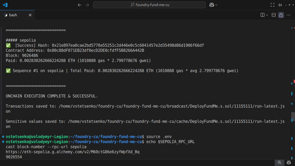 carstetsen's tweet image. 🚀 Completed a key milestone in the @CyfrinUpdraft course — #FoundryFundamentals!
✅ Wrote a FundMe contract in #Solidity
✅ Wrote and passed 10 unit/integration tests using Forge
✅ Deployed to Sepolia testnet
✅ Verified contract on #Etherscan
✅ Interacted via `cast`:
   –…