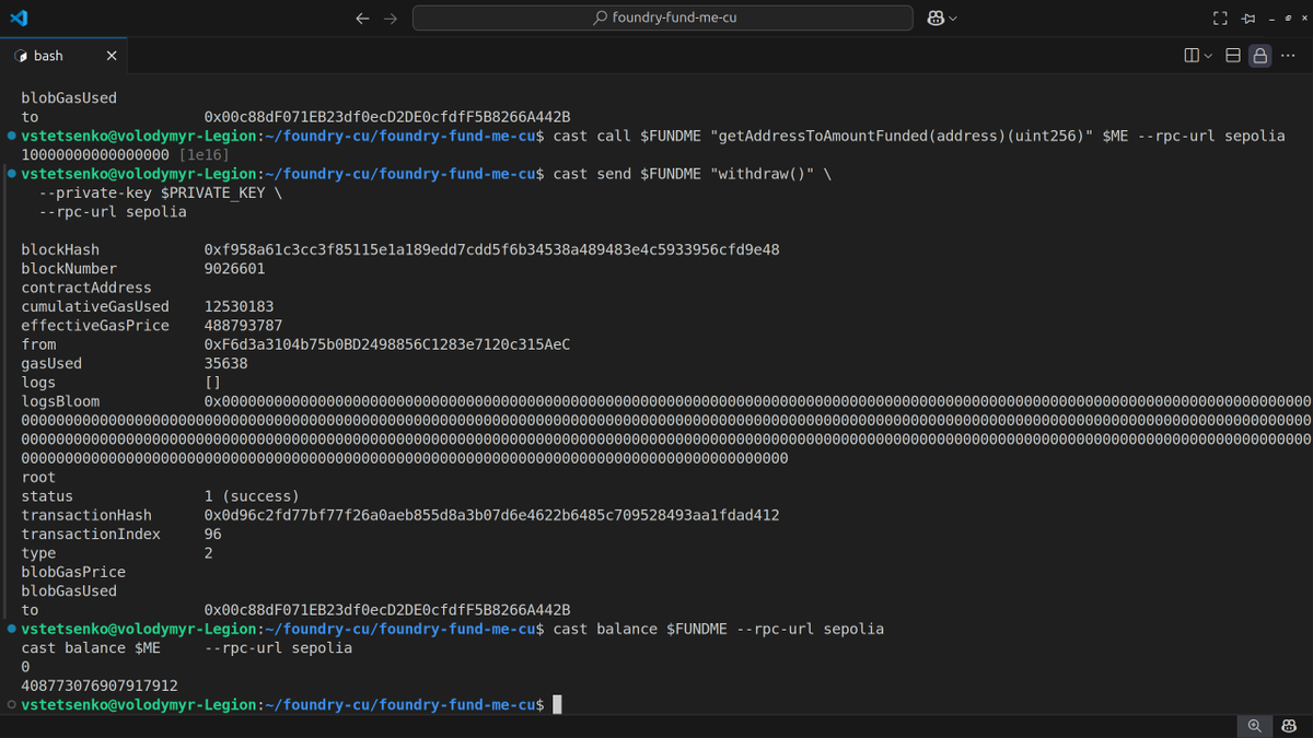 carstetsen's tweet image. 🚀 Completed a key milestone in the @CyfrinUpdraft course — #FoundryFundamentals!
✅ Wrote a FundMe contract in #Solidity
✅ Wrote and passed 10 unit/integration tests using Forge
✅ Deployed to Sepolia testnet
✅ Verified contract on #Etherscan
✅ Interacted via `cast`:
   –…