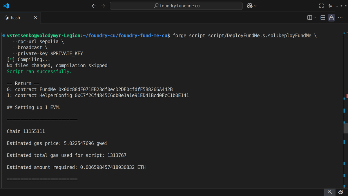 carstetsen's tweet image. 🚀 Completed a key milestone in the @CyfrinUpdraft course — #FoundryFundamentals!
✅ Wrote a FundMe contract in #Solidity
✅ Wrote and passed 10 unit/integration tests using Forge
✅ Deployed to Sepolia testnet
✅ Verified contract on #Etherscan
✅ Interacted via `cast`:
   –…