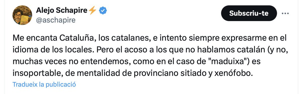 "Me encanta Estados Unidos, los estadounidenses, e intento siempre expresarme en el idioma de los locales. Pero el acoso a los que no hablamos inglés (y no, muchas veces no entendemos, como el caso de "strawberry") es insoportable, de mentalidad de provinciano sitiado y xenófobo"