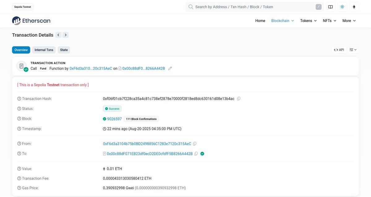 carstetsen's tweet image. 🚀 Completed a key milestone in the @CyfrinUpdraft course — #FoundryFundamentals!
✅ Wrote a FundMe contract in #Solidity
✅ Wrote and passed 10 unit/integration tests using Forge
✅ Deployed to Sepolia testnet
✅ Verified contract on #Etherscan
✅ Interacted via `cast`:
   –…