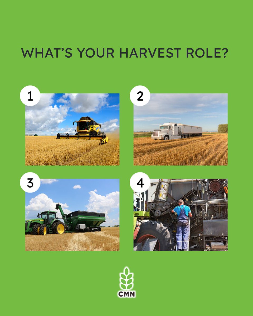 Everyone knows it takes a full crew to keep things moving smoothly this time of year, so we want to know…

Are you running the combine, hauling grain, working the cart, or keeping the equipment in top shape?

1️⃣ Combine Operator
2️⃣ Truck Driver
3️⃣ Grain Cart Driver
4️⃣