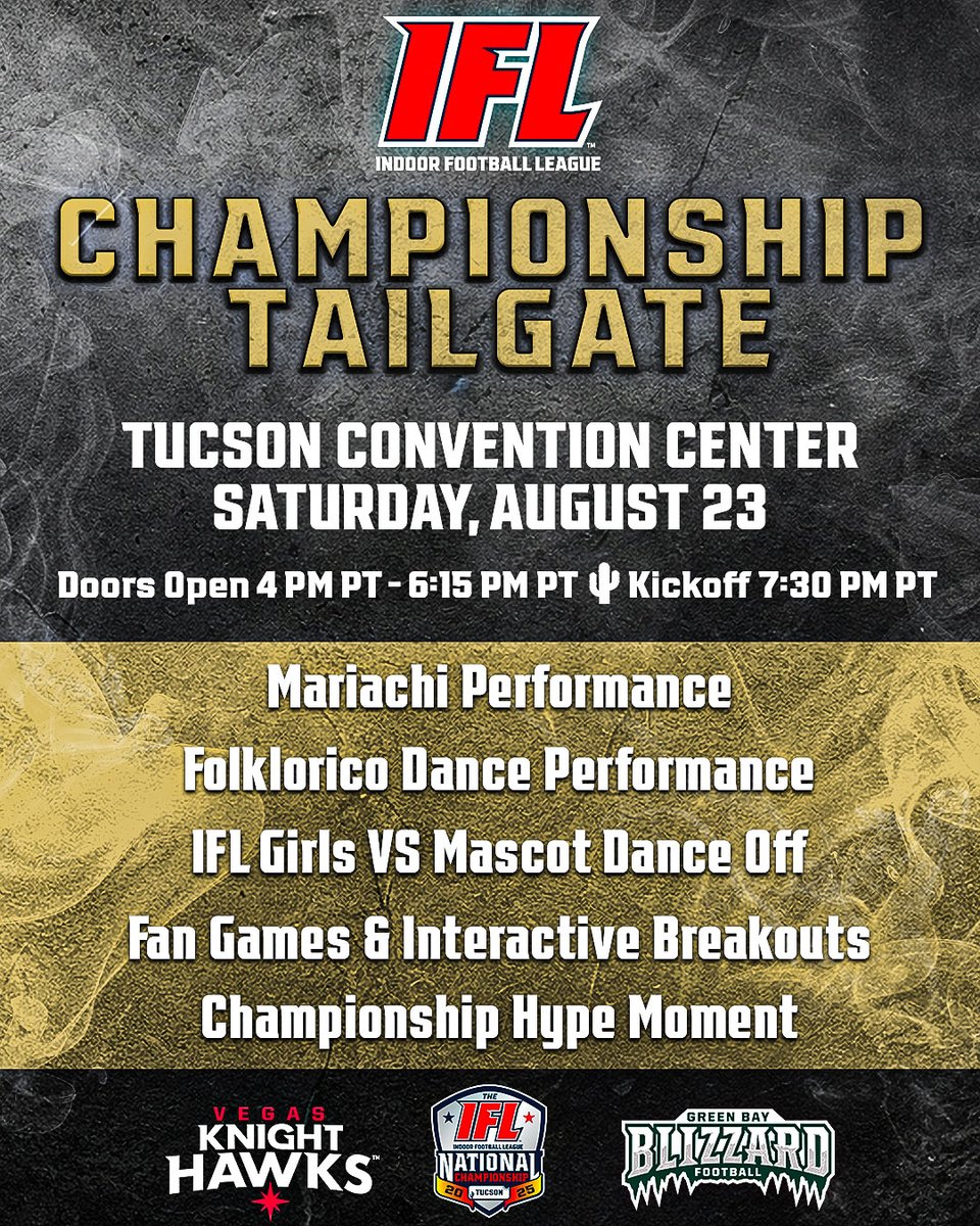 🔥 Championship vibes, before the big game kicks off, the party starts here! Live performances, epic fan games, and nonstop hype. Bring your crew, rep your team, and come out to the championship tailgate!

#TheIndoorWar #IFL #IndoorFoolballLeague #2025IFLPlayoffs