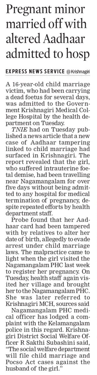 A 16-year-old #childmarriage victim, who had been carrying a dead foetus for several days, was admitted to the Government #Krishnagiri Medical College Hospital by the health department on Tuesday.

newindianexpress.com/states/tamil-n…