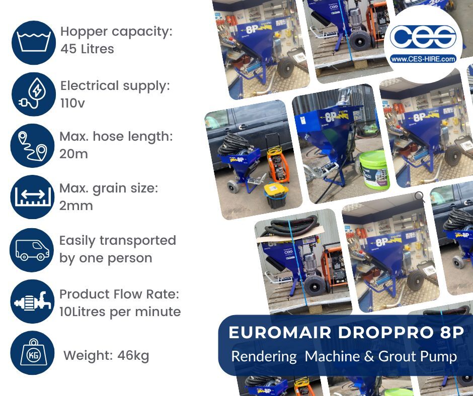 Check out our ever popular Euromair DropPro 8P at CES, available to purchase or hire! Use it for thin coat renders, pointing, machine-applicable plasters and lightweight renders. Optional spraying kit available.

hubs.li/Q03wpQMB0