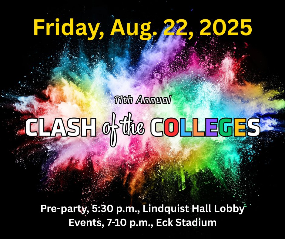 Fairmount College students, help us regain our champion status! Clash of the Colleges is a fun evening of field competitions and closing celebrations. Only one college can be the winner!  📷 See you tonight!
📷 Friday, Aug. 22
📷 Pre-Party: 5:30 p.m. / Clash Games: 7 p.m. Come to