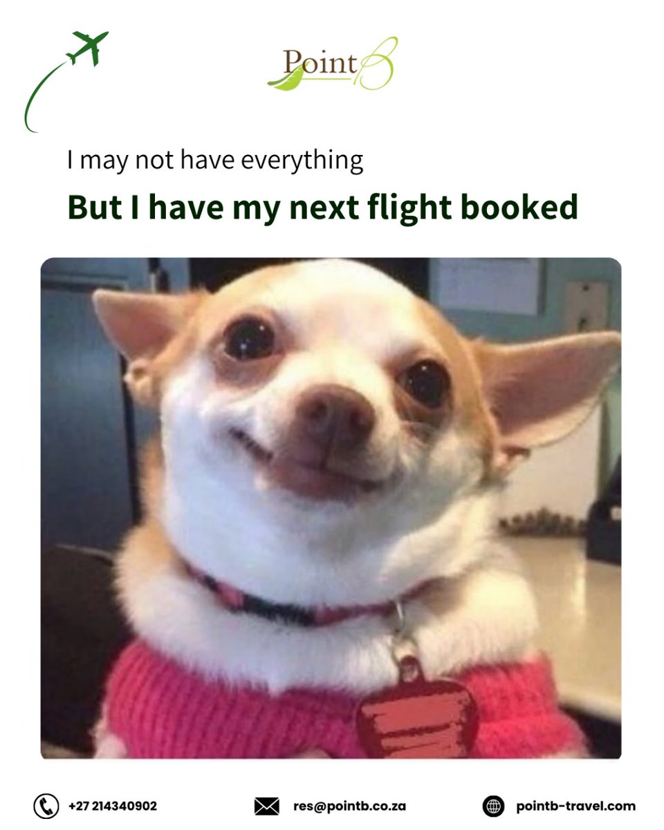 Point B - A Sustainable Travel & Accommodations (@pointbguest) on Twitter photo Smiles guaranteed when flights are booked πβοΈ
.
To book, contact us:
π +27 214340902
π§ res@pointb.co.za
π pointb-travel.com
.
#travelB #flightsbooked #smile #vacationmode #travelblogger #holidaycheer #travelinspiration #travelmeme #funnytravel #dogmeme Smiles guaranteed when flights are booked πβοΈ
.
To book, contact us:
π +27 214340902
π§ res@pointb.co.za
π pointb-travel.com
.
#travelB #flightsbooked #smile #vacationmode #travelblogger #holidaycheer #travelinspiration #travelmeme #funnytravel #dogmeme