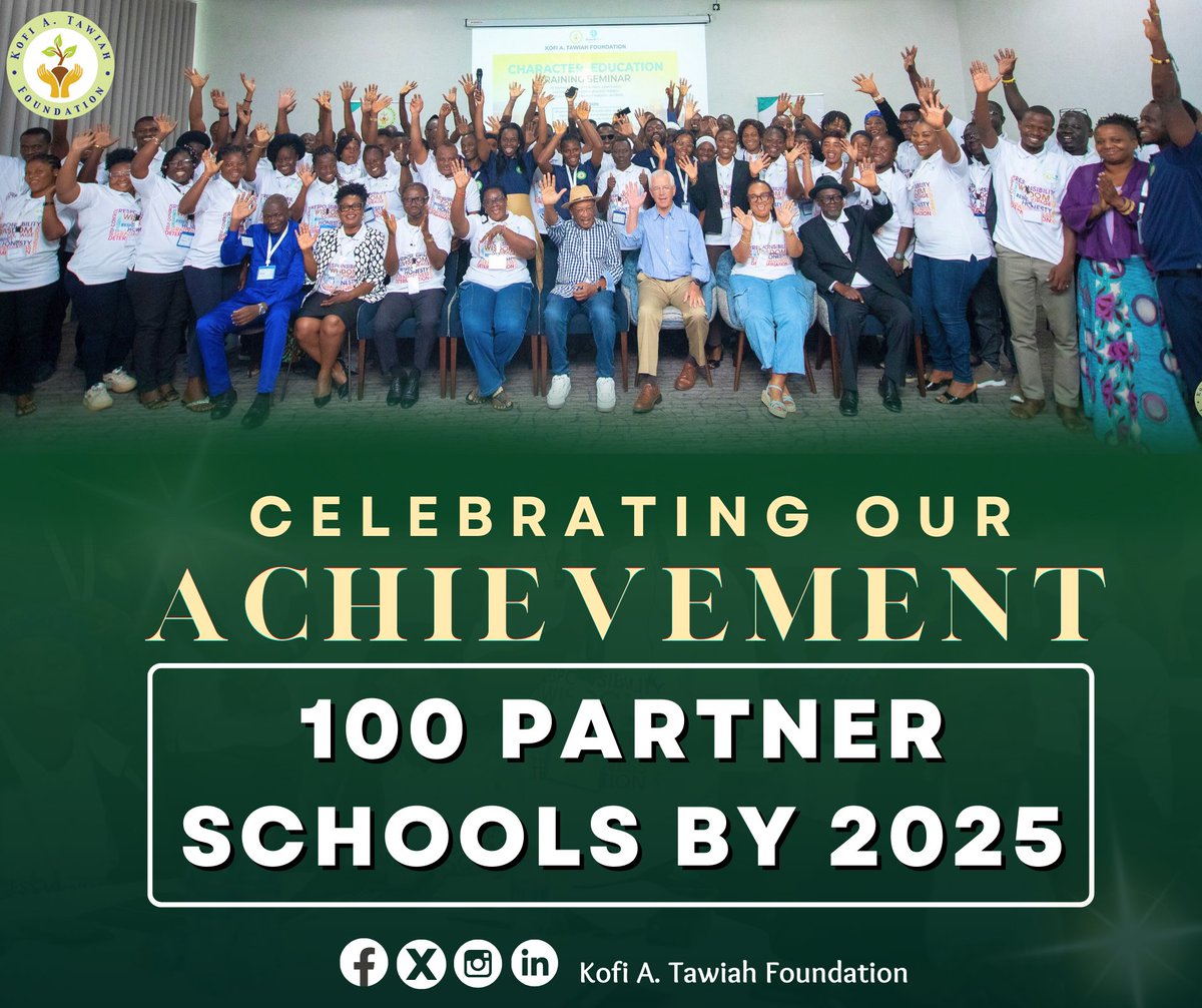 KofiATawiahfdn's tweet photo. The Kofi A. Tawiah Foundation is excited to announce that we have officially reached our target of 100 partner schools in our Character Education Initiative across Ghana by 2025!
Please join us in celebrating this incredible milestone!
#ktawiahfoundation #CharacterFirstEducation https://t.co/gIwoV7fMHJ