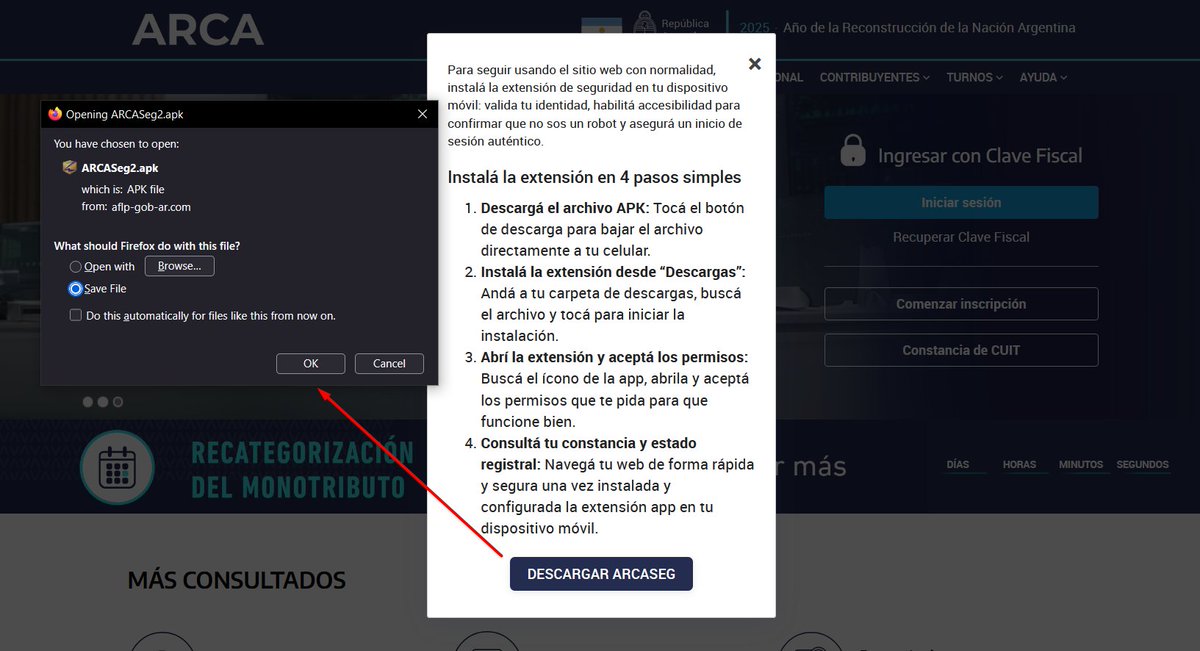1ZRR4H's tweet photo. 🚩 Interesante portal https://aflp-gob-ar[.]com/ (indexado en buscadores) suplanta a la Agencia de Recaudación y Control Aduanero (ARCA) del Gobierno de Argentina 🇦🇷

Sitio web descarga App maliciosa (malware) desde https://aflp-gob-ar[.]com/landing/fetch_satt.php (OJO, podría estar relacionado a los operadores de esta otra campaña en México: https://t.co/UzOoto0BjA).

[+] Sample: https://t.co/y757lrWDze

/ @Merlax_