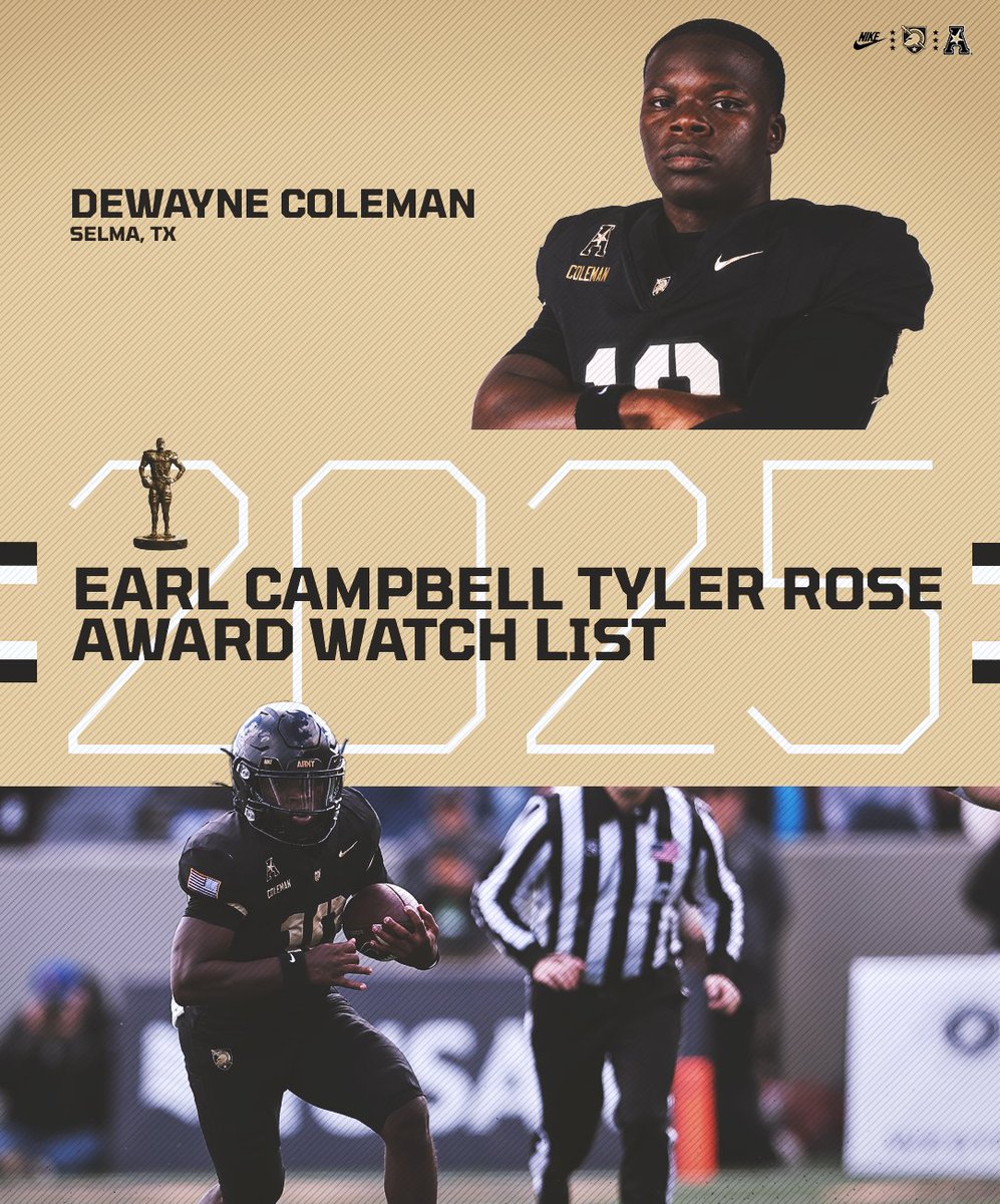 Our senior QB Dewayne Coleman added to the <a href="/CampbellAward/">Earl Campbell Award</a> Watch List 👏

The award is given annually to college football's Offensive Player of the Year with a Texas connection.

→ goarmywestpoint.com/news/2025/8/20…