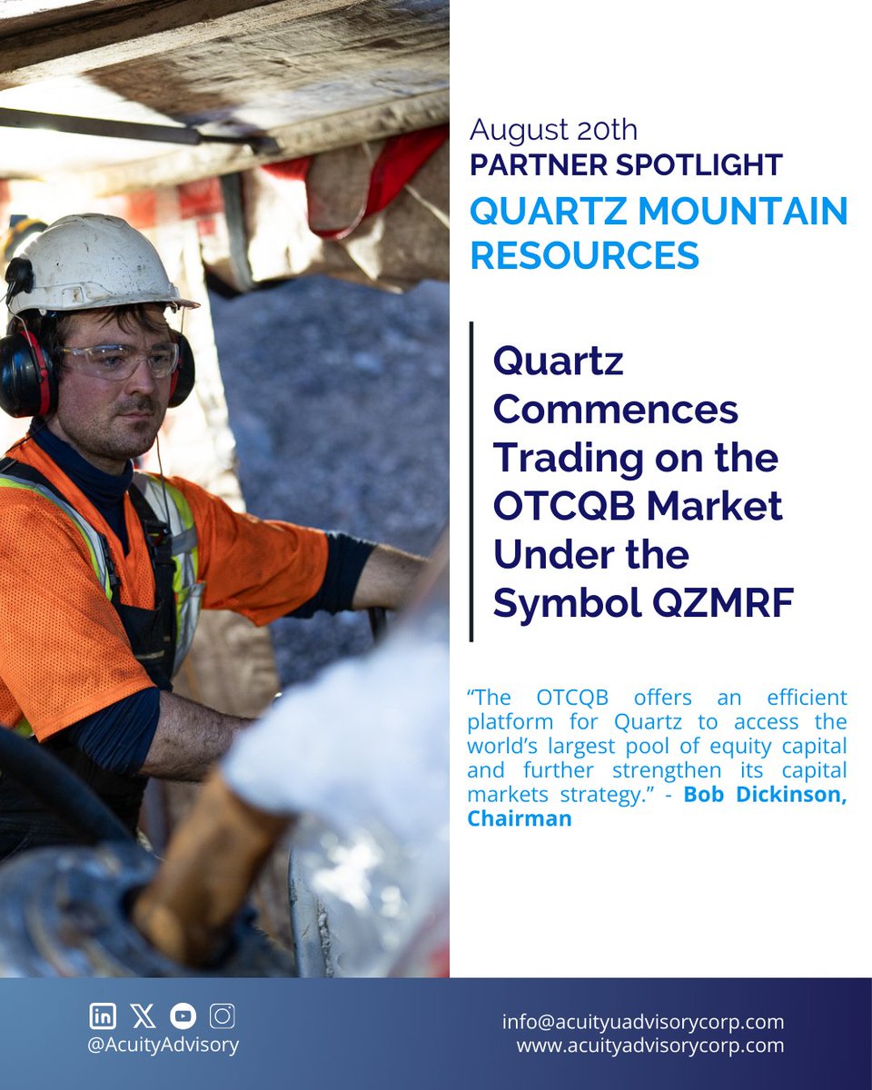Acuity Advisory Corp. (@acuityadvisory) on Twitter photo Today, <a href="/QZMResources/">Quartz Mountain Resources Ltd</a> announced it uplisted to the OTCQB Venture Market in the US. Drilling continues at the Maestro Au-Ag discovery, with assays from 7 holes pending.
🔗 quartzmountainresources.com/news/2025-08-2…
#MiningNews #InvestorUpdate Today, <a href="/QZMResources/">Quartz Mountain Resources Ltd</a> announced it uplisted to the OTCQB Venture Market in the US. Drilling continues at the Maestro Au-Ag discovery, with assays from 7 holes pending.
🔗 quartzmountainresources.com/news/2025-08-2…
#MiningNews #InvestorUpdate