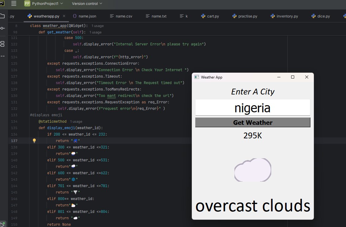 gpykss's tweet image. 🚀 Wrapped up my final course project: a Weather App built in Python + PyQt5 🌦️
✅ Real-time API (OpenWeatherMap)
✅ PyQt5 GUI
✅ Weather emojis ☁️❄️🌧️
Next up: building AI apps, agents & ML projects 🤖
#Python #PyQt5 #AI #MachineLearning
