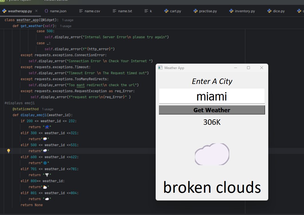 gpykss's tweet image. 🚀 Wrapped up my final course project: a Weather App built in Python + PyQt5 🌦️
✅ Real-time API (OpenWeatherMap)
✅ PyQt5 GUI
✅ Weather emojis ☁️❄️🌧️
Next up: building AI apps, agents & ML projects 🤖
#Python #PyQt5 #AI #MachineLearning