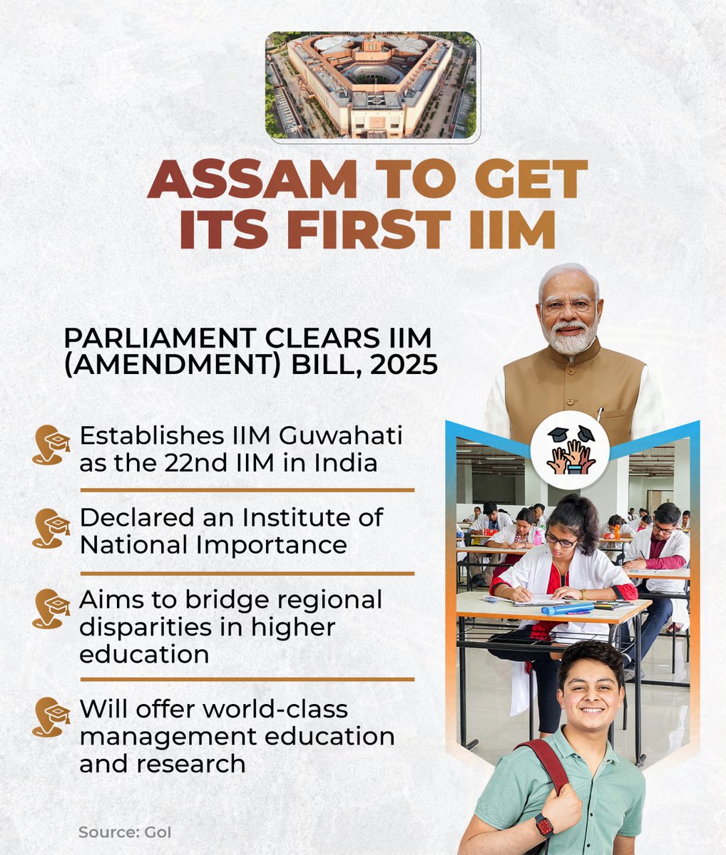 Assam’s big leap in education! 🎓

The Indian Institutes of Management (Amendment) Bill, 2025, has been passed, marking a historic milestone for the state. 

Assam is set to welcome its very first IIM in Guwahati, becoming the 22nd IIM in the country.