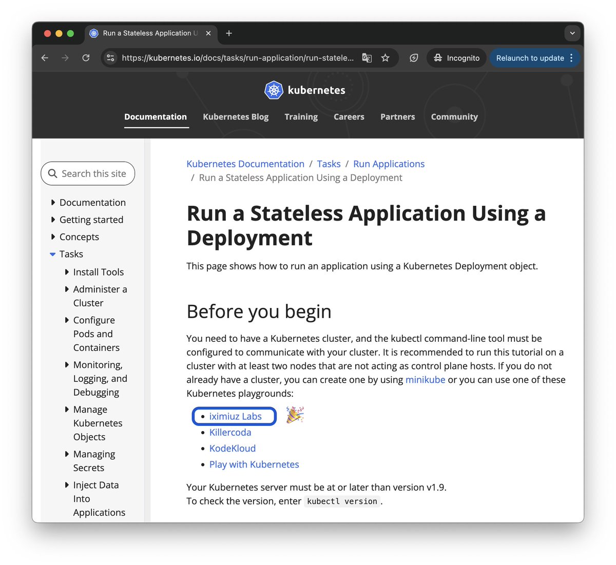 Ivan Velichko (@iximiuz) on Twitter photo Didn't see this one coming, but iximiuz Labs has been added to the official Kubernetes Docs as one of the places with free, interactive playgrounds to practice Kubernetes tasks.
Many thanks to everyone involved, and a special shoutout to <a href="/sagikazarmark/">Sági-Kazár Márk</a> for making it happen 🙏 Didn't see this one coming, but iximiuz Labs has been added to the official Kubernetes Docs as one of the places with free, interactive playgrounds to practice Kubernetes tasks.
Many thanks to everyone involved, and a special shoutout to <a href="/sagikazarmark/">Sági-Kazár Márk</a> for making it happen 🙏