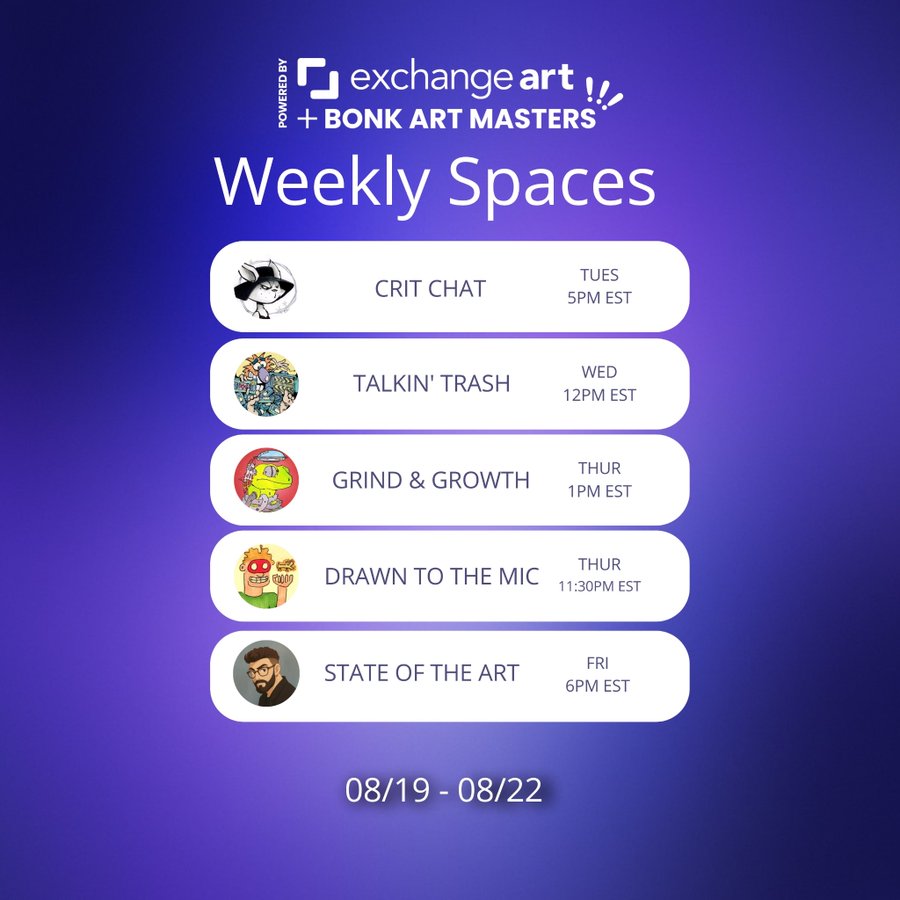 Bam 💥 (@bam_on_sol) on Twitter photo Dear artists and creators:
Wanna reach higher heights ?
<a href="/exchgART/">Exchange Art</a> and <a href="/bonk_inu/">BONK!!!</a> Art Masters are providing amazing tools for you.⬇️
These weekly X spaces are about art, <a href="/solana/">Solana</a>, and much more.
You will find valuable knowledge brought to you by <a href="/EssjayneArt/">📸 EssjayneArt - loves you</a> <a href="/TrevElViz/">Trev El. Viz 🛸</a> Dear artists and creators:
Wanna reach higher heights ?
<a href="/exchgART/">Exchange Art</a> and <a href="/bonk_inu/">BONK!!!</a> Art Masters are providing amazing tools for you.⬇️
These weekly X spaces are about art, <a href="/solana/">Solana</a>, and much more.
You will find valuable knowledge brought to you by <a href="/EssjayneArt/">📸 EssjayneArt - loves you</a> <a href="/TrevElViz/">Trev El. Viz 🛸</a>