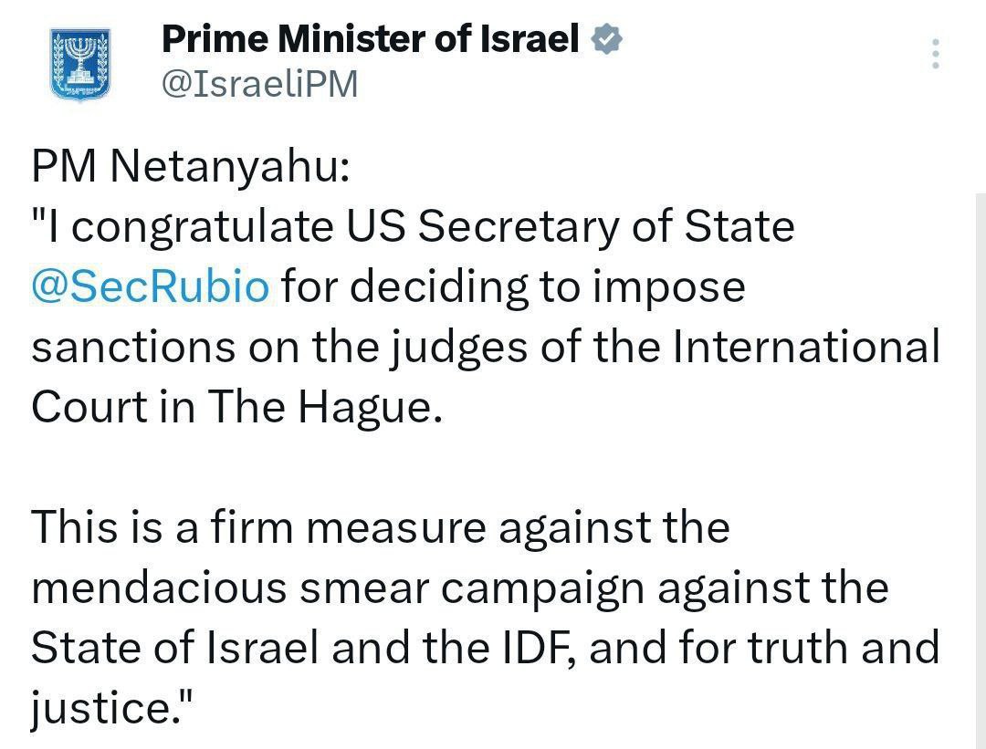 Israeli Prime Minister Netanyahu applauds Marco Rubio's decision to sanction the ICC (International Criminal Court). 

Follow Press TV on Telegram: t.me/PressTV