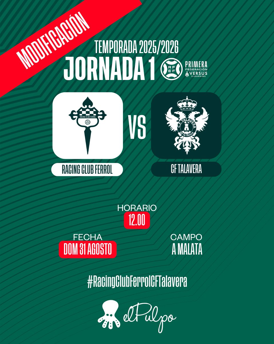 Racing Club Ferrol (@racingferrolsad) on Twitter photo 🚨🚨🚨🚨 ATENCIÓN 🚨🚨🚨🚨
CAMBIO DE HORARIO
A proposta do operador televisivo, o partido da primeira xornada de liga ante o <a href="/CFTalavera/">CF Talavera de la Reina 🏺</a> muda de data e queda fixado para:
📅Domingo 31, 12.00 horas
#Actualidade #Actualidad #PrimeraFederacion #VersusELearning 🚨🚨🚨🚨 ATENCIÓN 🚨🚨🚨🚨
CAMBIO DE HORARIO
A proposta do operador televisivo, o partido da primeira xornada de liga ante o <a href="/CFTalavera/">CF Talavera de la Reina 🏺</a> muda de data e queda fixado para:
📅Domingo 31, 12.00 horas
#Actualidade #Actualidad #PrimeraFederacion #VersusELearning