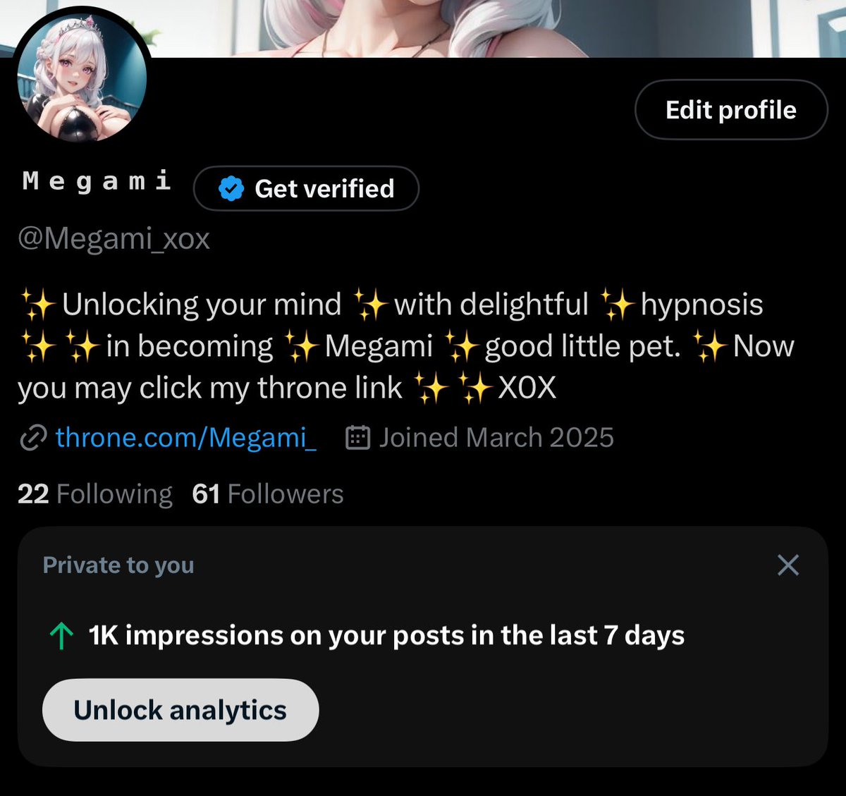 Megami_xox's tweet photo. Just posted here today and already receive 1000 impressions . 🤔 https://t.co/ndwUWrn8MA