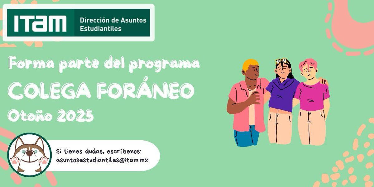 Horacio Vives Segl (@hvivessegl) on Twitter photo 📢Atención estudiantes 3er semestre en adelante en
<a href="/ITAM_mx/">ITAM</a>
Forma parte de la 11a generación #ColegaITAM y #ColegaITAMForáneo
Apoya a estudiantes de nuevo ingreso en su proceso de adaptación a la universidad.
<a href="/DAE_ITAM/">Asuntos Estudiantiles ITAM</a>
ℹ️Límite registro viernes 22-ago: forms.gle/np9zjVFMa9acPj… 📢Atención estudiantes 3er semestre en adelante en
<a href="/ITAM_mx/">ITAM</a>
Forma parte de la 11a generación #ColegaITAM y #ColegaITAMForáneo
Apoya a estudiantes de nuevo ingreso en su proceso de adaptación a la universidad.
<a href="/DAE_ITAM/">Asuntos Estudiantiles ITAM</a>
ℹ️Límite registro viernes 22-ago: forms.gle/np9zjVFMa9acPj…