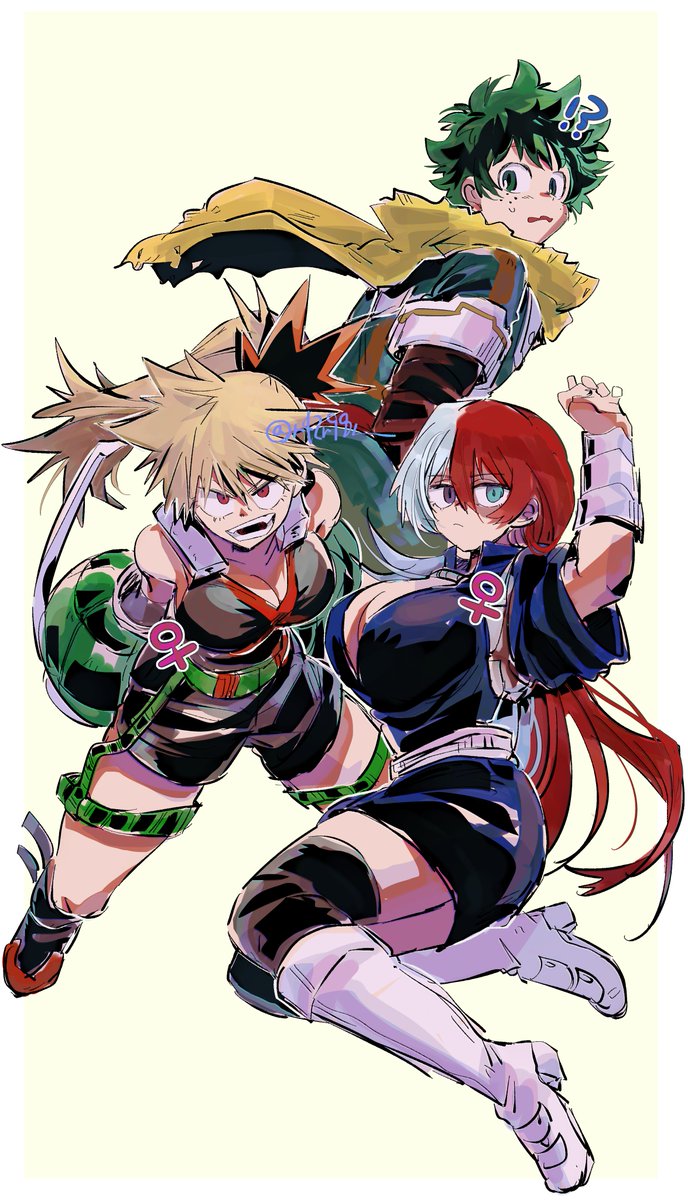 爆豪勝己 ,緑谷出久 ,轟焦凍 「女体化オリジン…?爆と轟…?なんて表記したらいいんだ」|ビビりのイラスト