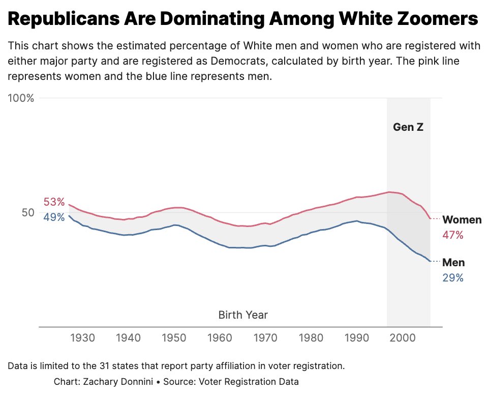 At the heart of the Democratic collapse: young White men are registering as Republicans in unprecedented numbers.

Gen Z is on track to be the most pro-GOP generation since the Great Depression.