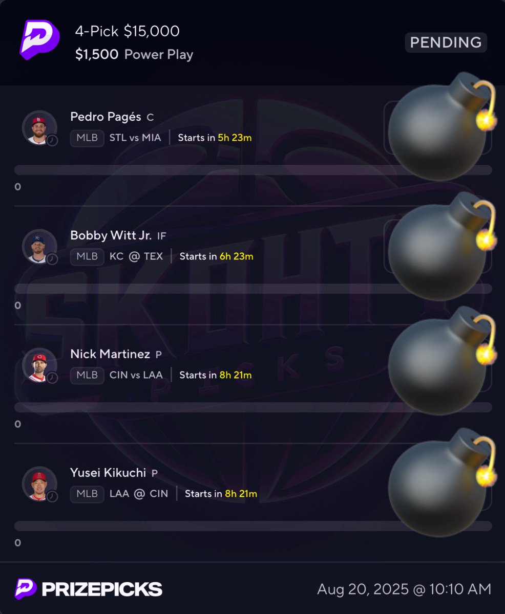 SkohtyDFS's tweet photo. 99 LIKES AND ILL DROP THE MLB⚾️ MEGA NUKE ☢️ 😈🔥

#PrizePicks #GamblingX #MLB https://t.co/IwZg1ID8cV