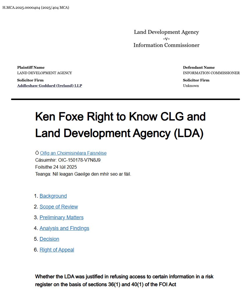 You might think in midst of a housing crisis, the Land Development Agency would have better things to do than go to the High Court to fight transparency and block release of their risk register to me and Right to Know under FOI laws.

But you'd be wrong:

oic.ie/ga/cinneadh-om…