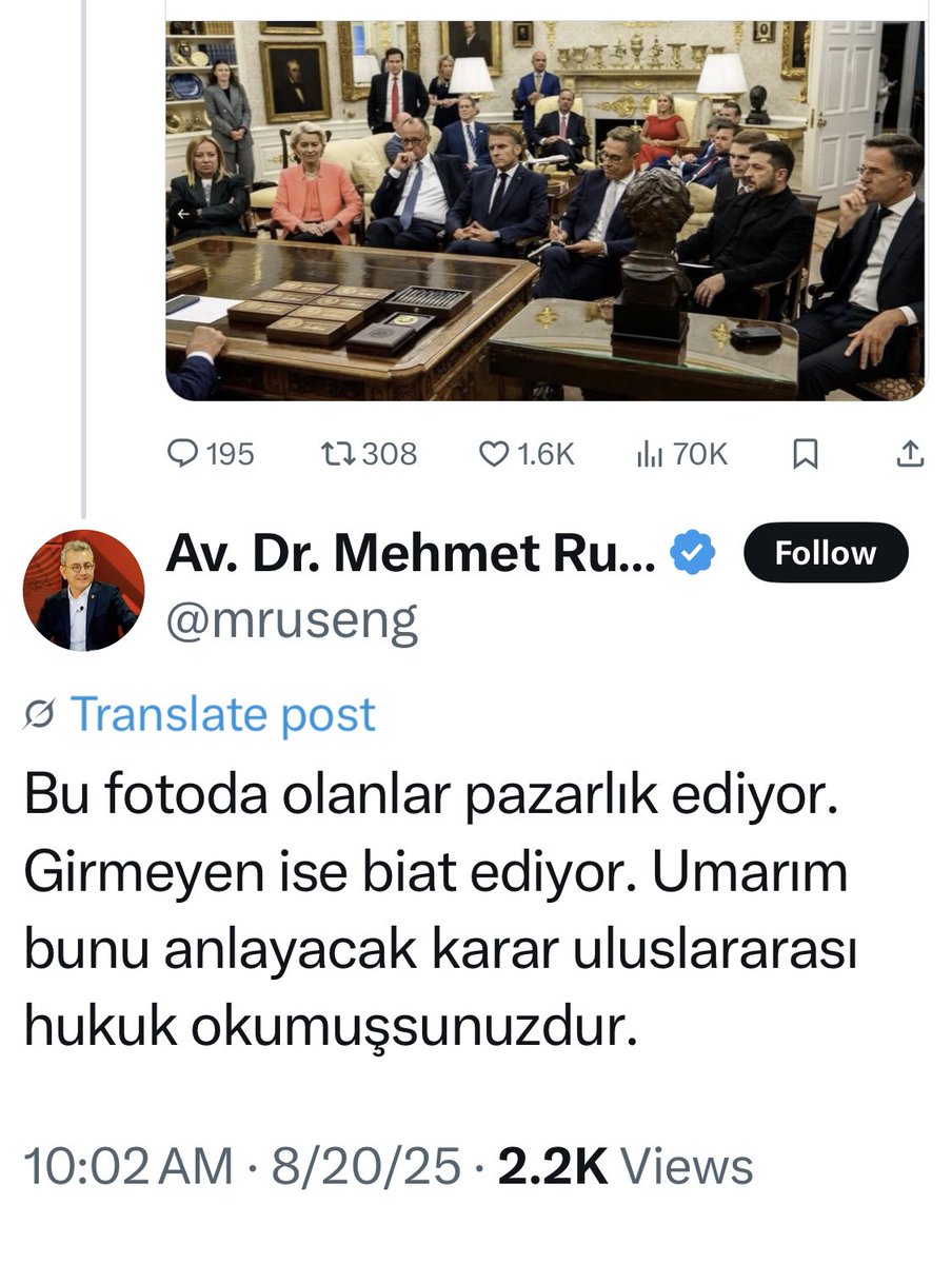 Dr. Ali Demirdas (@drdemirdasen) on Twitter photo Paylaşımımın altına yorum bırakan <a href="/mruseng/">Av. Dr. Mehmet Ruşen Gültekin</a> ‘e cevap.
Burada pazarlık edilmiyor.
Köyün ağası, karşısına ip gibi dizilmiş marabalarına bir kamyon Ukrayna tezeğini pay ediyor.
Fotoğrafa dikkatli bakın.
Yüzü gülen bir lider var mı?
Bu fotoğraf, Trump’ın, Putin’in onuruna Paylaşımımın altına yorum bırakan <a href="/mruseng/">Av. Dr. Mehmet Ruşen Gültekin</a> ‘e cevap.
Burada pazarlık edilmiyor.
Köyün ağası, karşısına ip gibi dizilmiş marabalarına bir kamyon Ukrayna tezeğini pay ediyor.
Fotoğrafa dikkatli bakın.
Yüzü gülen bir lider var mı?
Bu fotoğraf, Trump’ın, Putin’in onuruna