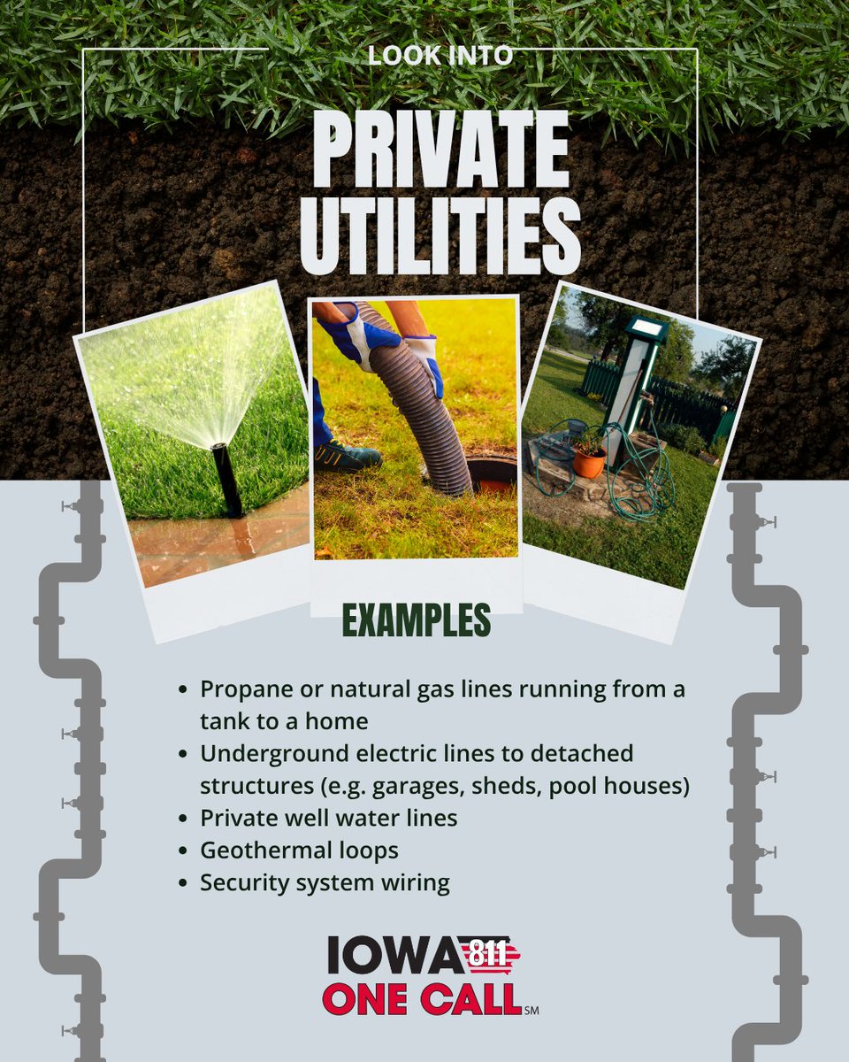 Did you know? Some utility lines on your property aren’t marked through IOC. To map those lines, you’ll need to hire a private utility locator. It’s a smart step toward building a complete picture of what’s underground and digging more safely. More at: iowaonecall.com