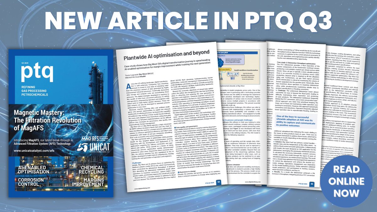 Digital Refining (@digitalrefining) on Twitter photo 🏭NEW PTQ Q3: Plantwide AI optimisation & beyond, <a href="/BigWestOil/">Big West Oil LLC</a> LLC & <a href="/Imubit1/">Imubit</a> discuss a case study showing how Big West Oil’s digital transformation journey is spearheading AI-enabled optimisation for margin improvement while training the next generation - digitalrefining.com/article/100330… 🏭NEW PTQ Q3: Plantwide AI optimisation & beyond, <a href="/BigWestOil/">Big West Oil LLC</a> LLC & <a href="/Imubit1/">Imubit</a> discuss a case study showing how Big West Oil’s digital transformation journey is spearheading AI-enabled optimisation for margin improvement while training the next generation - digitalrefining.com/article/100330…