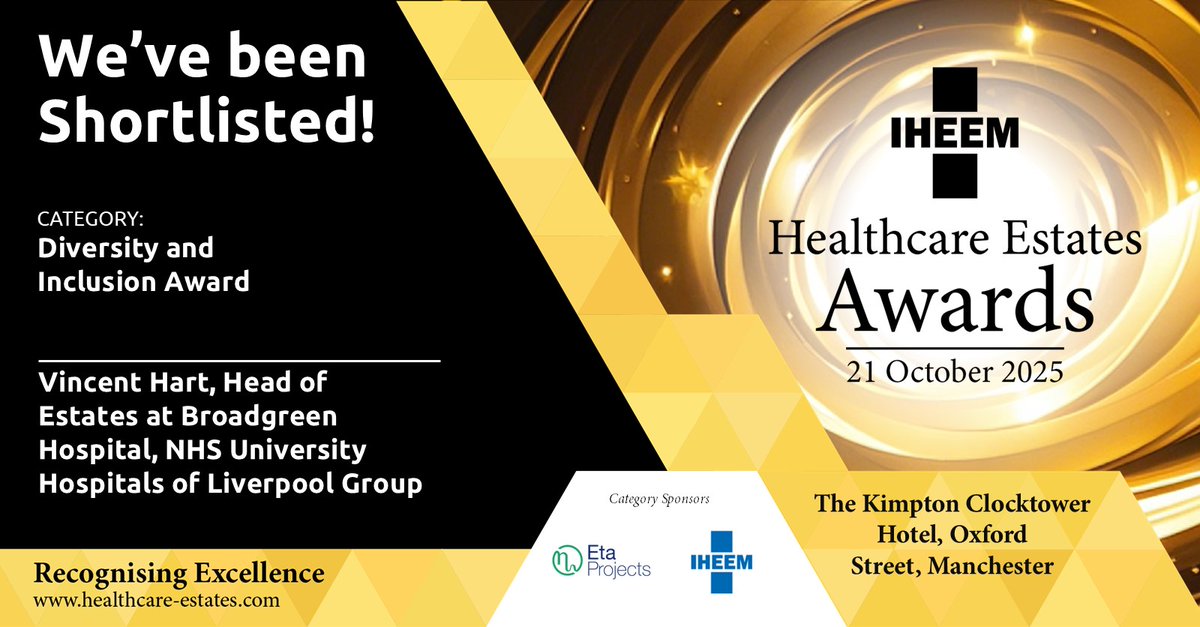 🏆 Thrilled to announce <a href="/nhsUHLG/">NHS University Hospitals of Liverpool Group</a> has been shortlisted for TWO prestigious awards at the 2025 IHEEM <a href="/HCEstates/">Healthcare Estates 2025</a> Awards - Staff Wellbeing Initiative of the Year and Diversity and Inclusion Award! 

Creating opportunities, achieving excellence.

#HealthcareEstates2025