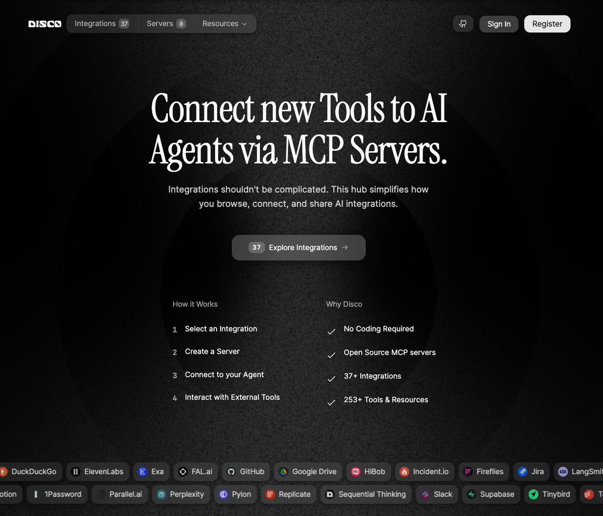 glebedel's tweet image. 🪩 disco.dev 

MCP Servers. But with a vibe.

Remote hosted. Open source. Toggle tools on/off. Run locally or open a PR to add them to the list of available servers.

Powered by @Cloudflare  Workers + Durable Objects.

All integrations/tools are open source:…