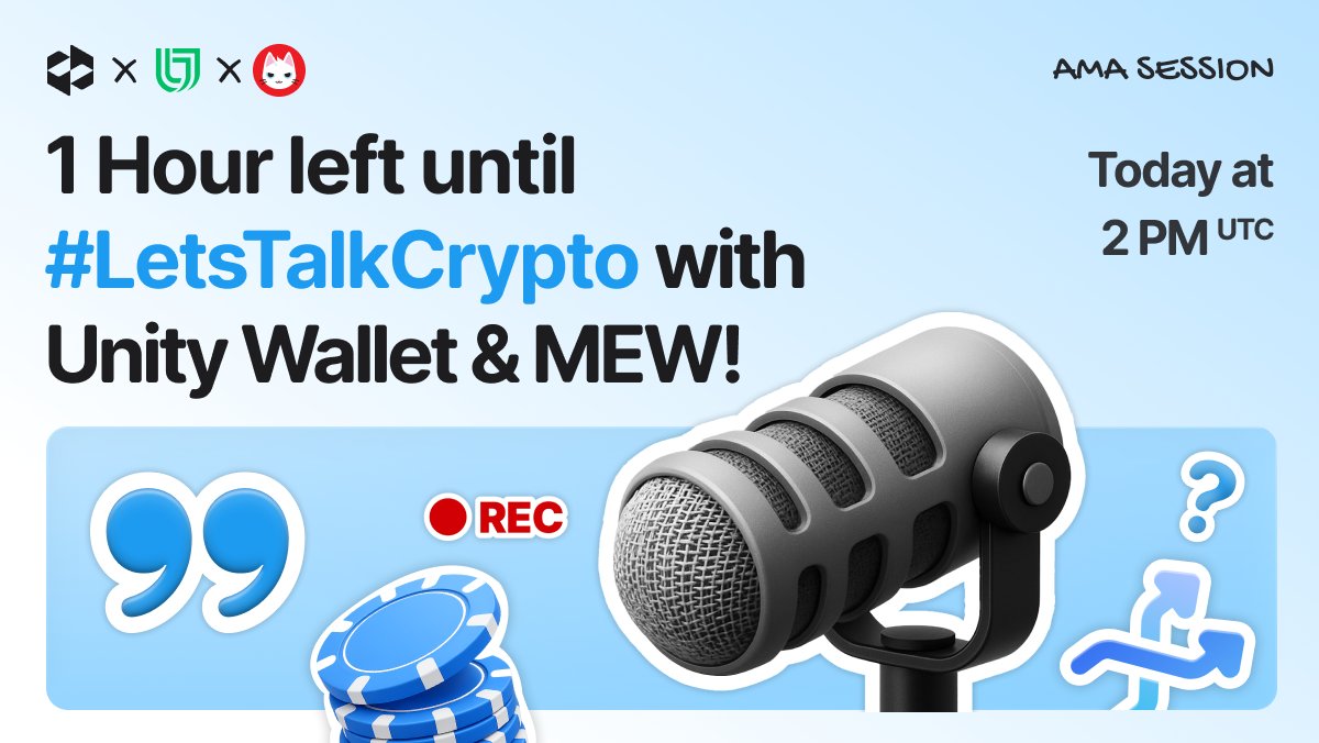 ⏰ 1 HOUR TO GO!

🎙️ AMA on X Spaces – Episode 39 of #LetsTalkCrypto
📍 Hosted by @LetsExchange_io with @Unity_Wallet &amp; @MEW
🎧 X Spaces 👉 x.com/i/spaces/1lDGL…

We’re unpacking:
💱 Meme swaps to tokenized stocks (MEW → Apple?)
💡 How Unity Wallet makes it happen in a few