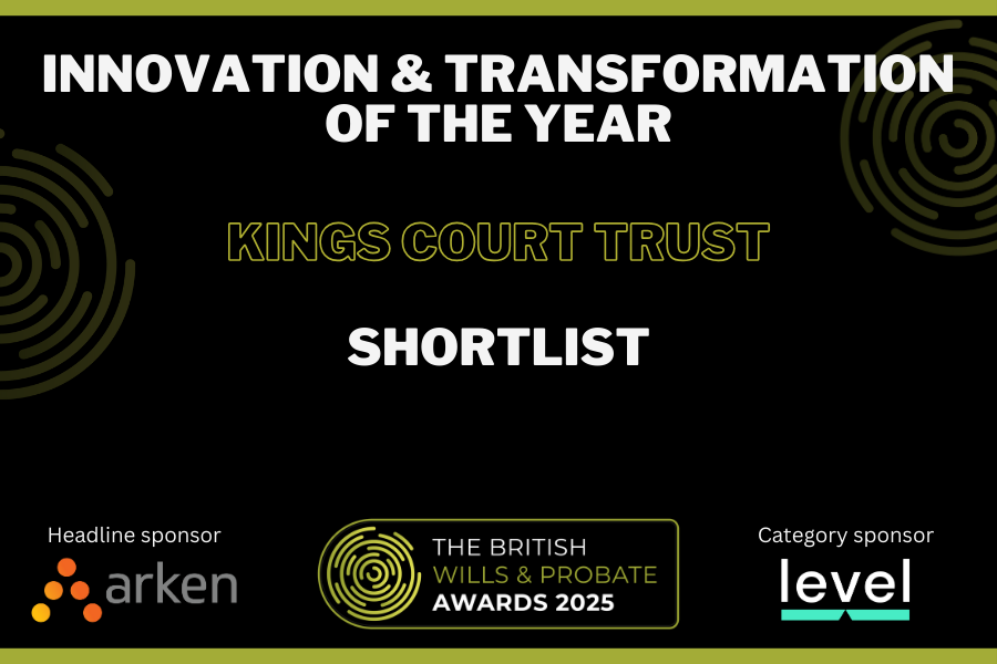We’re delighted to share that Kings Court Trust has been shortlisted for ‘Innovation and Transformation of the Year’ at the <a href="/todaysmediauk/">Today's Media</a> British Wills and Probate Awards 2025!🍾 

A huge thank you to our amazing team for their passion and creativity.🧡 #BWAPAwards2025 #TeamKCT