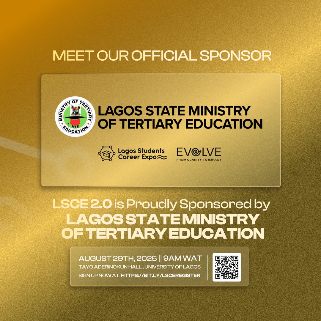 Big news! 
🚨 Lagos State Ministry of Tertiary Education is officially sponsoring #LSCE 2.0!
Together, we’re building pathways to impactful careers.  
📅 Aug 29 | 🕘 9AM | 📍 UNILAG  

Register: bit.ly/LSCEregister  

Already registered? Join us: bit.ly/4fqVPIP